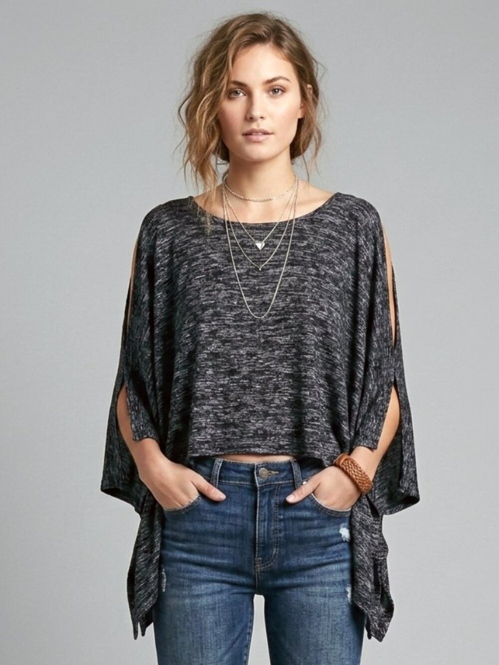 Draped Gray Open Shoulder Top Soft Lightweight Asymmetrical Casual Blouse OS